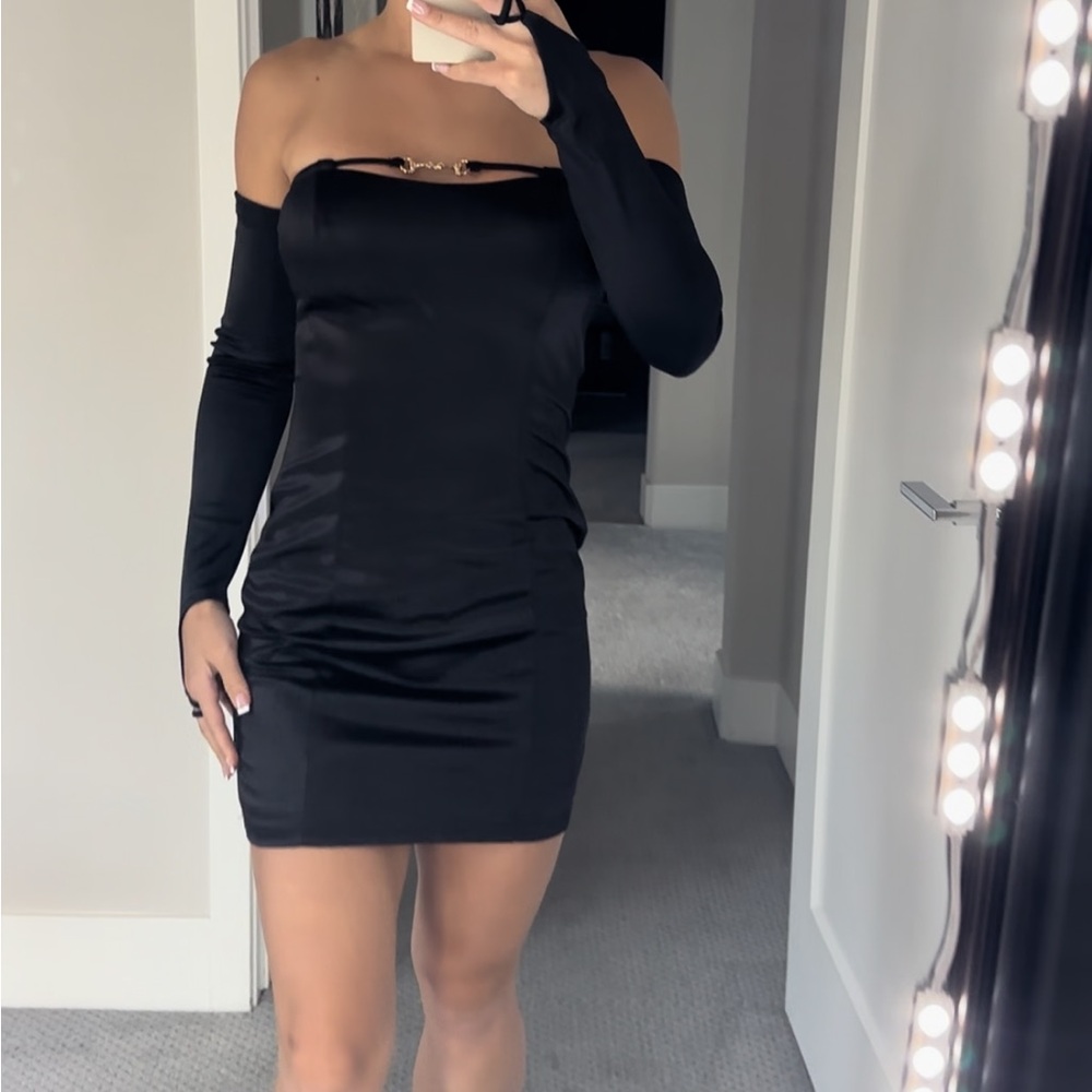 Superdown Vera strapless black satin dress with off the shoulder sleeves